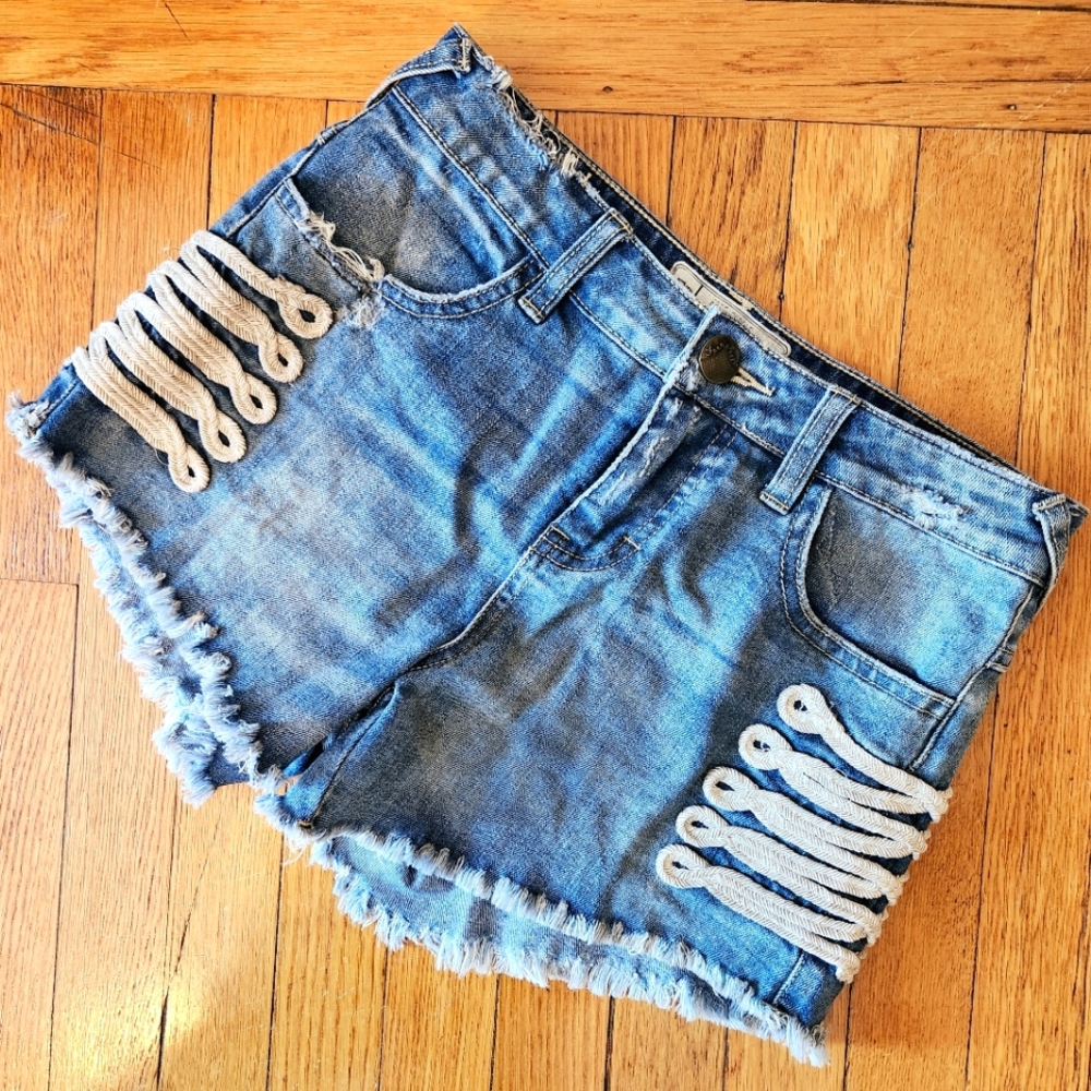 Free People Embellished and Distressed Short Jean Shorts
